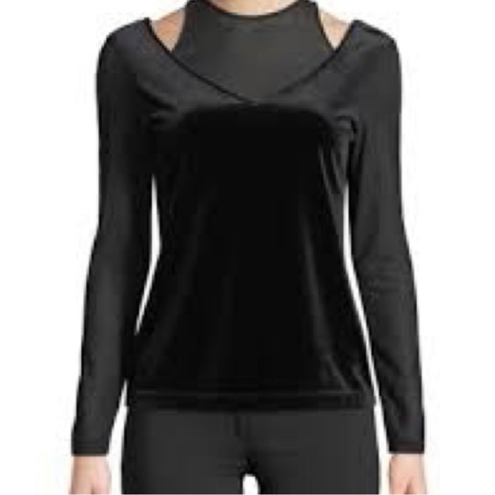 Anatomie Black Velvet elegant top attached mesh sheer tank top button L